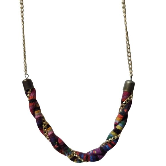 Boho Colorful Chunky Necklace Fabric Wrapped Gold Tone Chain Fashion Jewelry - Picture 1 of 5